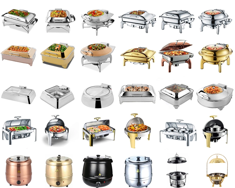 Five Star Guangzhou Hotel Supplies Kitchen Equipment 6L Roll Top Gold Catering Buffet Chafing Dish Food Warmer Tableware Set Luxury Hotel and Restaurant Supply
