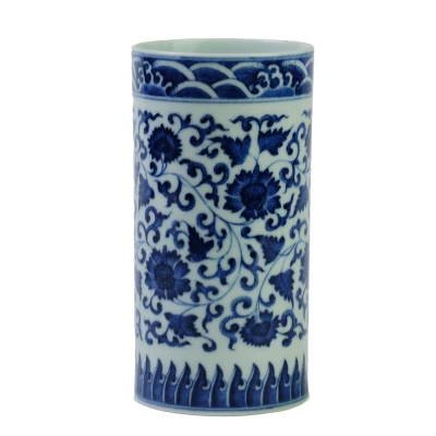 Chai Kiln Hand Painted Blue and White Double Phoenix Ball Pattern Brush Pot Imitating Xuande in Firewood Kiln